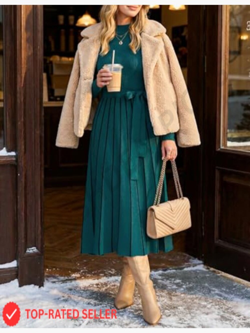Turtleneck Long Sleeve Sweater Dress Tie Waist Casual Loose Ribbed Knit A Line - Picture 6 of 7